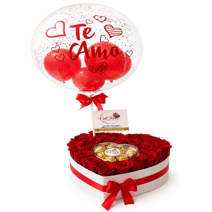 Corazón de Rosas Rojas con Chocolates y Globo